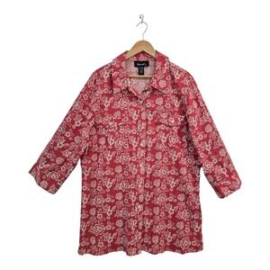 Denim‎ & Co Womens Cotton Tunic Blouse XL Floral Crinkle Gauze Pink White